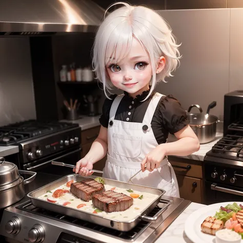 Cute Baby Chibi Anime,White hair,pinafore,A smile,Grilled steak,Barbecue stove on background.