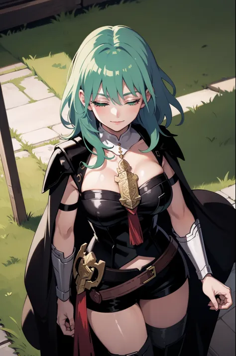 (masterpiece, best quality), 1girl, gigantic breasts, fembyleth, light green hair, green eyes, detached collar, black cape, black crop top, breastplate, tassel, belt, short shorts, gauntlets, portrait, smiling, closed eyes