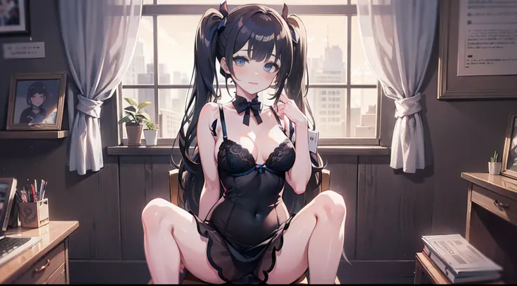 detailde face, detailed eyes, (((8k))),masterpiece, high quality,Symmetrical chair,,((outfit lingerie)) sitting knee-together, legs open,((masterpiece)), Office, sitting, chair, desk, computer on desk, indoor, blush, sexy pose, ((long twintail)),iori/, blu...