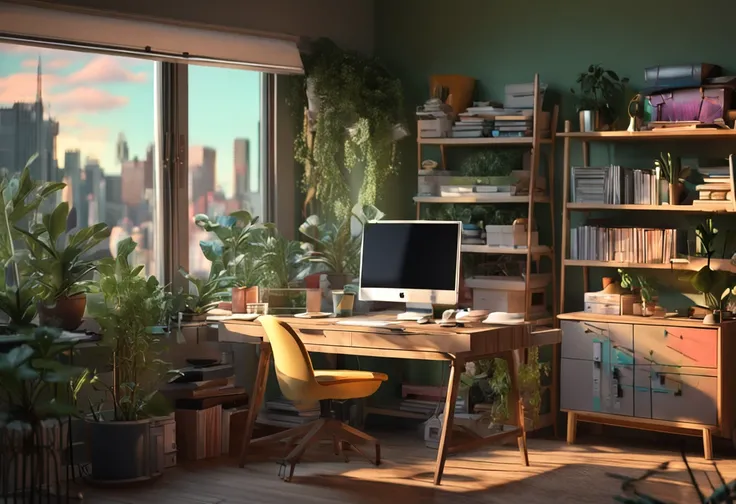 an artist desk with plants, books, paper, laptop, shelf, drawers, with a view to a green urban scenery