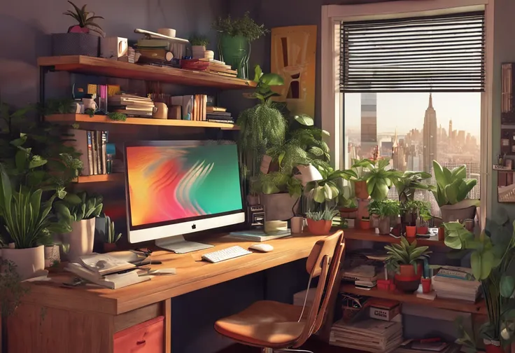 an artist desk with plants, books, paper, laptop, shelf, drawers, with a view to a green urban scenery