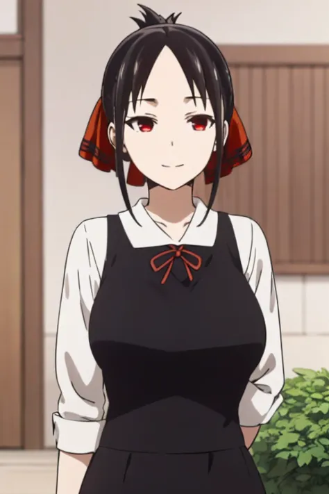 best quality, (masterpiece:1.2), detailed,
shinomiya kaguya,
1girl, solo, closed mouth, light smile,
black hair, red eyes, short...