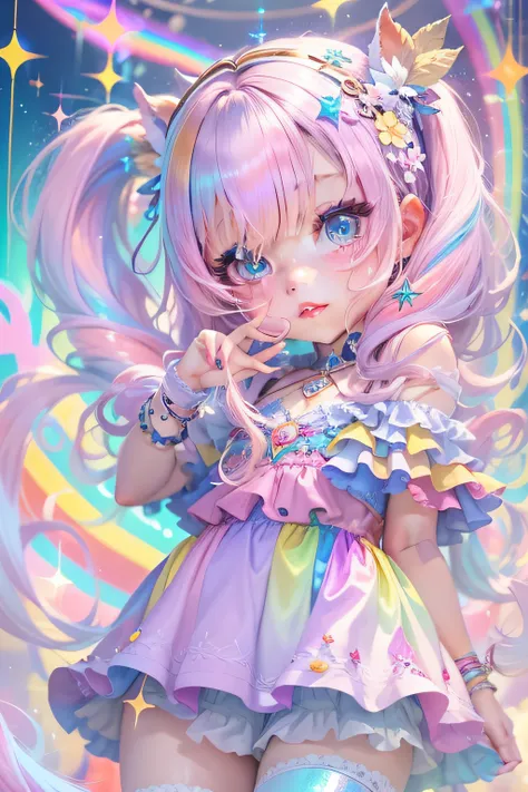 "Adorable girl in a stunning rainbowcore outfit, surrounded by an iridescent and sparkly rainbow background."