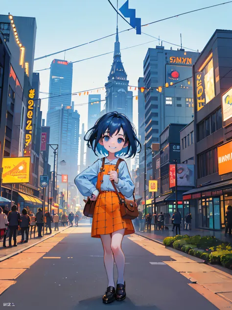 Craft a delightful 3D Pixar character, akin to the magic of Toy Story, set in a digital illustration of a bustling cityscape at dusk. Imagine hues of cool blues and warm oranges. The character, with a mischievous grin, navigates the urban landscape filled ...