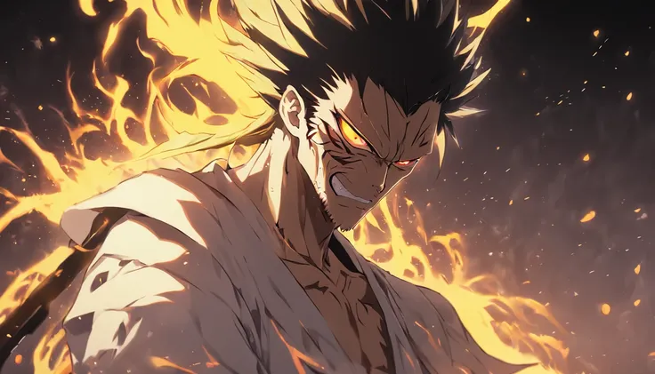 "Zaraki Kenpachi bleach, yellow energy, upper body shot, Gothic style."