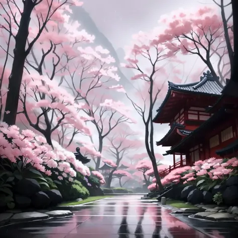 Painting of Japan garden with umbrellas and flowers in the rain, by Ross Tran. scenic background, Anime Background Art, landscape artwork, traditional japanese concept art, anime scenery concept art, Beautiful anime scenery, andreas rocha style, Anime scen...