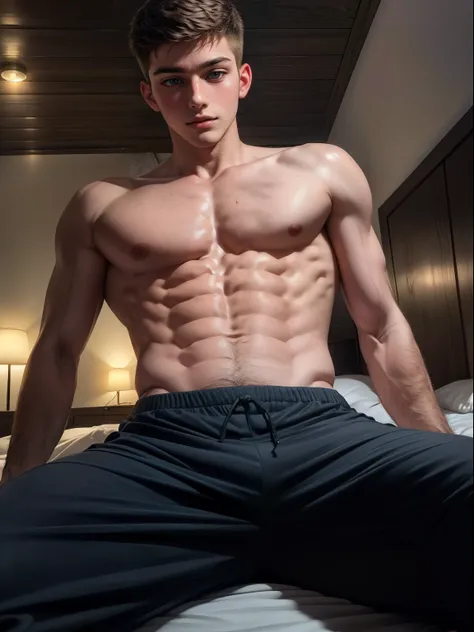 (masterpiece), (best quality), (high resolution) 1boy, 19 years old, thin, perfect body, bare chest, wearing only sweatpants, sitting on a bed, back bedroom, dreamlike setting , bright lighting