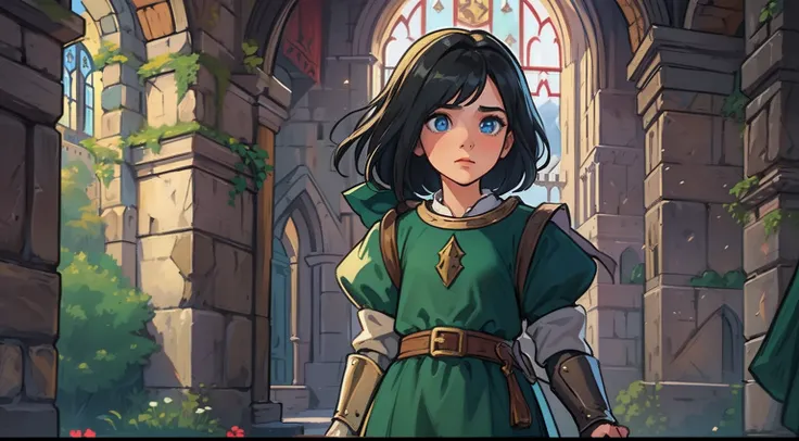 a portrait of a young teenage girl, a child, an elegant princess with blue eyes and black hair, wearing a green dress like a princess, an NPC for a medieval RPG wearing medieval costumes in a medieval art RPG art, an approximate art in a medieval castle; a...