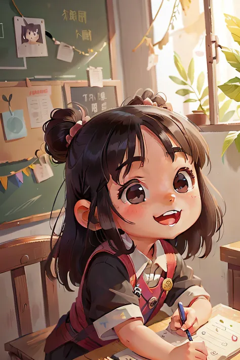 liu, a small Chinese girl, 8 years old, long black hair, asian eyes, smiling, at school talking with her classmates