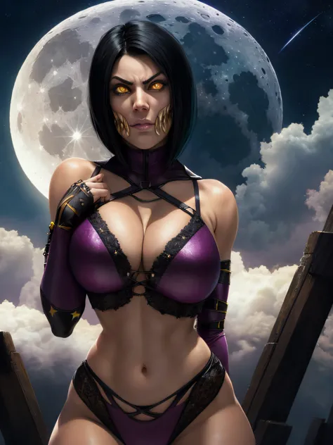 Mileena,  short black hair, yellow eyes,   cold staring,  upper body,  face focus, solo, 
open bridge, stars, cloudy, moon,
 (insanely detailed, beautiful detailed face, masterpiece, best quality)  realistic,