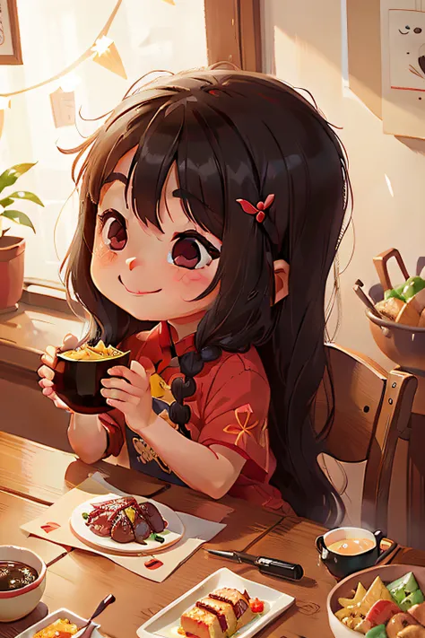 liu, a small Chinese girl, age 8, long black hair, slanted eyes, smiling, eating typical Chinese food