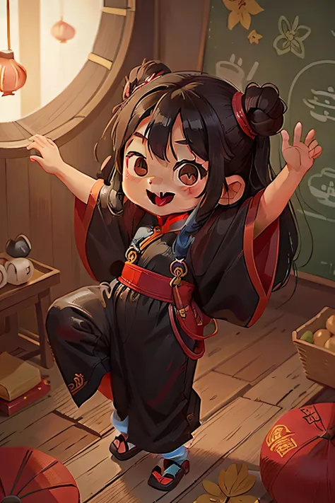 liu, a small Chinese girl, age 8, long black hair, slanted eyes, smiling, wearing typical Chinese clothes