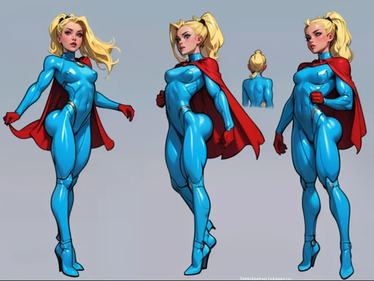 ((masterpiece)),(((best quality))),((character design sheet)), ((full body view)) illustration,1girl, muscular, ((seablue bodysuit:1.5)), superhero, (blonde ponytail:1.4), (red cape:1.4) ((detailed face:1.4)) beautiful woman, (small breasts:1.3)(red thighh...