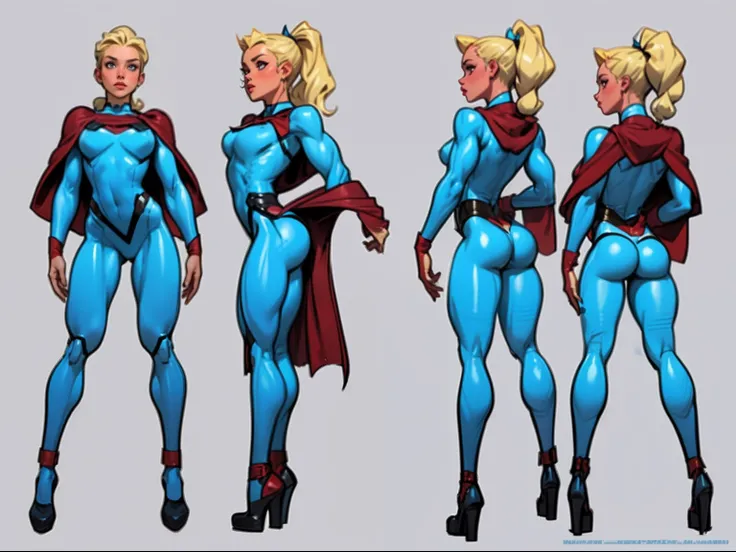 ((masterpiece)),(((best quality))),((character design sheet)), ((full body view)) illustration,1girl, muscular, ((seablue bodysuit:1.5)), superhero, (blonde ponytail:1.4), (red cape:1.4) ((detailed face:1.4)) beautiful woman, (small breasts:1.3)(red thighh...