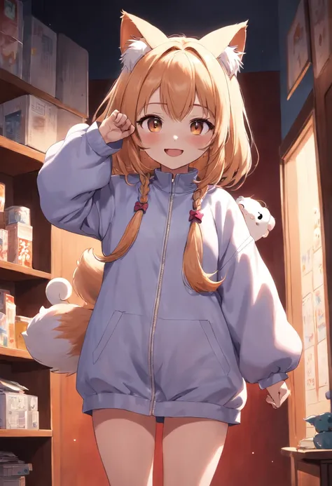 a cute girl standing, smiling, wearing fluffy cat costume in her room.