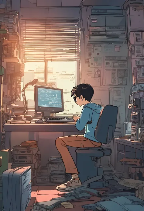 A nerdy kid is programming on a computer in a room full of gadgets, Por Makoto Shinkai e Ghibli Studio, dramatic lighting, altamente detalhado, amazing quality, pele escura, Ultra realistic conical fading