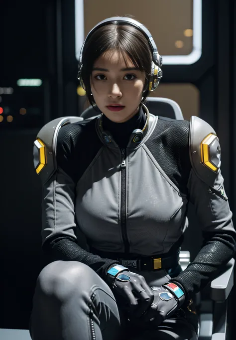 (Highest image quality, outstanding details, ultra-high resolution), (realism: 1.4), ((close up:1.25)), highly condensed 1girl, (cyberpunk, cyborg), a delicate and beautiful face, (short hair), ((sitting in narrow futuristic low canopy cockpit:1)), (wearin...