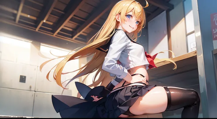 top-quality、small curvy loli、Black sailor suit worn by Japan schoolgirl、sexy pantie、Downtown Japan、garterbelts、Your butt is facing us、Looking back、a blond、Short cute skirt、kindly smile、Open legs、