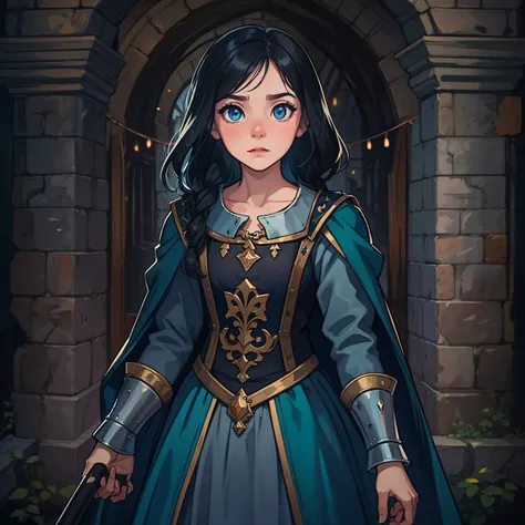 a portrait of a young teenage girl, a child, an elegant princess with blue eyes and black hair, an NPC for a medieval RPG wearing medieval costumes in a medieval art RPG art, an approximate art in a medieval castle, this child has a dark aura, she is evil;