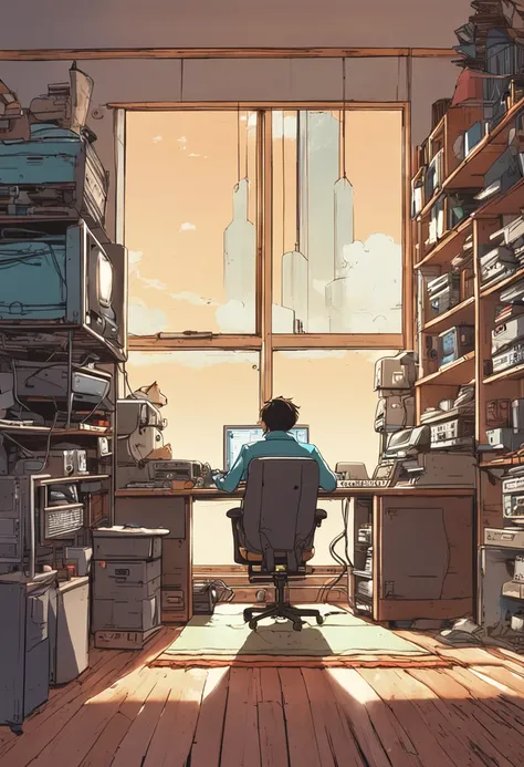 homem  programando em um computador em uma sala cheia de gadgets, Por Makoto Shinkai e Ghibli Studio, dramatic lighting, altamente detalhado, amazing quality, pele escura, Realistic conical fading