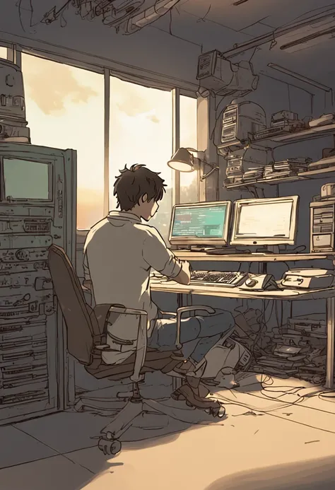 homem  programando em um computador em uma sala cheia de gadgets, Por Makoto Shinkai e Ghibli Studio, dramatic lighting, altamente detalhado, amazing quality, pele escura, Realistic conical fading