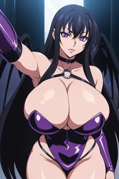 Highschool dxd, Raynare, 1girl, ((bimbo))), long black hair, purple eyes, puffy lips, painted lips, thick lips, wide hips, thick thighs, enormous fake breast, huge ass, evil face, fallen angel outfit, , veins on breasts, veiny breasts , shiny skin, breasts...