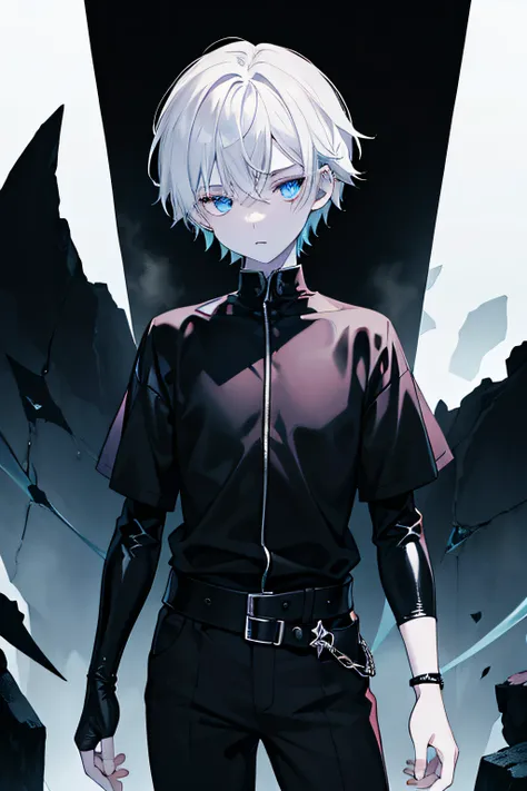 Pale-skinned boy with black clothes, olhos vermelhos escarlate, dark fantasy, olhar de psicopata, estilo anime, sharped image, poucas cores