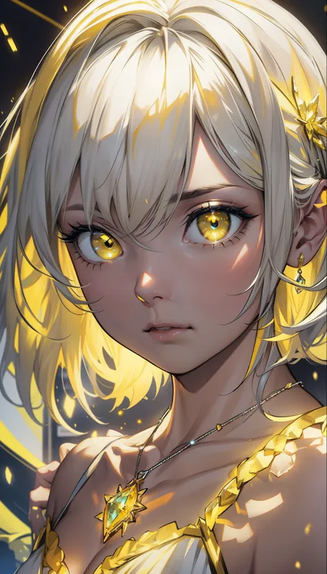 Ultra realistic, ray tracing, cinematic photography, cinematic special effects, glowing yellow golden eyes, yellow glowing jewel necklace, silver hair on top, cinematic photo, just like the picture looks