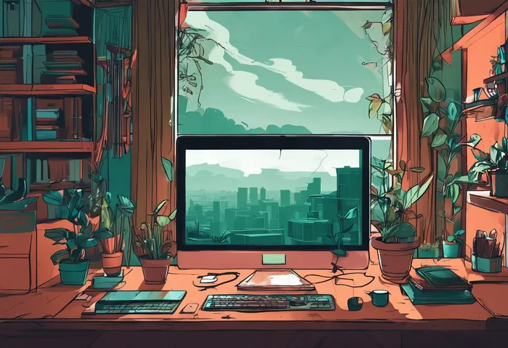 an artist desk with few plants, books, paper, laptop, shelf, drawers, window with a view to a green urban scenery, view directly on to the laptop