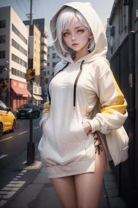 1 girl, big long dress hoodie, (((white hoodie))) , white hair, dark city background,black building, dark aura, night, yellow eye, short hair, angel eye, moon, the girl looking from behind poses, position masterpiece, cute girl, urban city dark, hold hands...