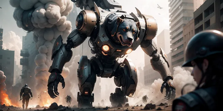 Develop image in high definition ,  Big dog fierce countenance robotic limbs (( detalhes ultra realista)) , Cinematic Frame ,  estilo futurista , corpo inteiro  , smoky environment (( war scenery))