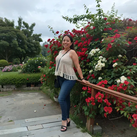 Hay una mujer parada en una barandilla de madera junto a un arbusto de flores, Standing in a botanical garden, con flores, en la terraza, in garden, beutifull, en un parque, 3 0 years old woman, en jardines rojos, Foto tomada en 2 0 2 0, en un parque, alan...