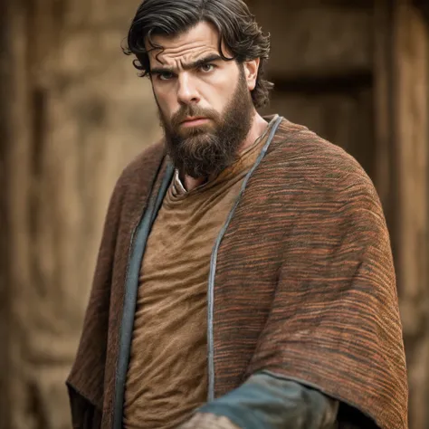 A man with a beard, sad, anguished, ugly, wider image, promotional image, biblical clothing, still from a live-action film, filmed film, Diego Fazio, Zachary Quinto, edited --auto --s2