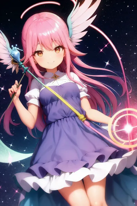 Garota fofa baixinha sorrindo, flies over the sky in the morning, usando roupas rosas e cheias de babados, while holding a childish magic staff at heart. Fundo desfocado, Magical pink sparkle and aura effects. Ponto de vista terceira pessoa, de baixo.