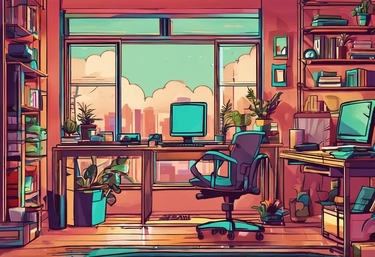 an artist desk with few plants, books, paper, laptop, shelf, drawers, window with a view to a green urban scenery, view directly on to the laptop, laptop screen takes 85% of the image,