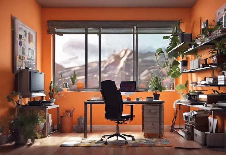 an artist desk with few plants, books, paper, laptop, shelf, drawers, window with a view to a green urban scenery, view directly on to the laptop, laptop screen takes 85% of the image,