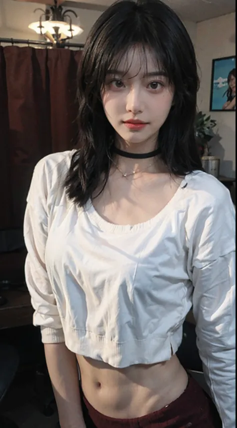 best qualtiy， 超高分辨率， （realisticlying：1.4），Baoyu Girl，1girll, with long coiled hair，Blushlush，Looking into the distance，nedium breasts，Cropped red sweater，a sense of atmosphere，Beautiful woman with a slim figure:1.4, Abs，Ultra-fine face，Elaborate Eyes，二重まぶた...