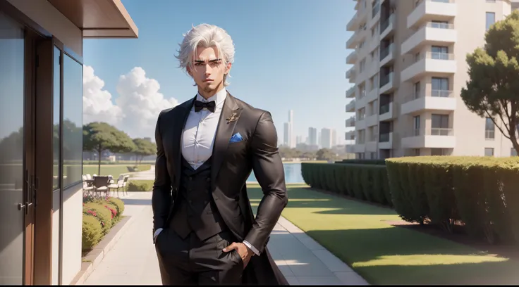 JUST A male anime character with an athletic body, cabelo preto, dress with classic gala suit, in a luxury condominium, with verdant fields and blue skies, 8k, bela imagem