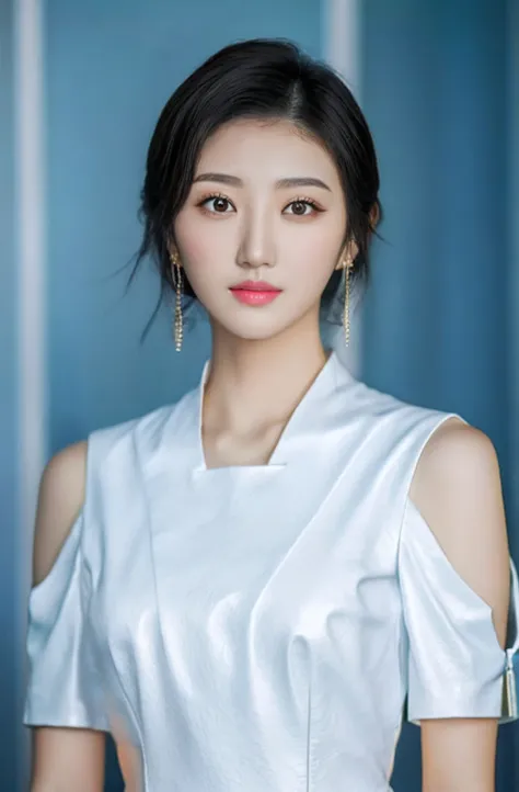 Asian woman in alafe with white top and black leather shoulders, young lovely Korean faces, portrait of female korean idol, wan adorable korean face, Korean symmetrical face, with short hair, Popular Korean makeup, popular korean makeup, hwang se - on, bea...