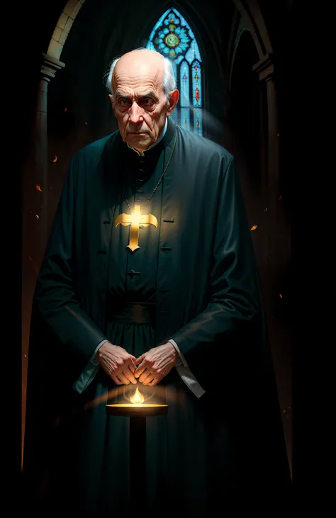 Create the realistic image of a 70-year-old exorcist priest