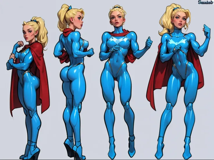 ((masterpiece)),(((best quality))),((character design sheet)), ((full body view)) illustration,1girl, muscular, ((seablue bodysuit:1.5)), superhero, (blonde ponytail:1.4), (red cape:1.4) ((detailed face:1.4)) beautiful woman, (small breasts:1.3)(red thighh...