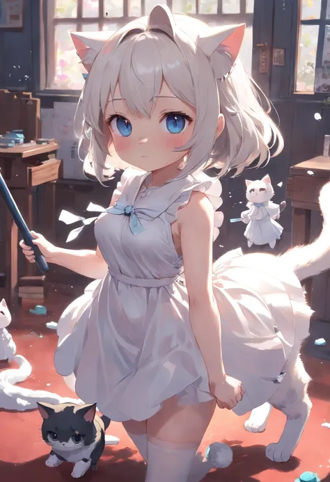 Anime cat-eared girl in white dress, Vacuuming，loli in dress,Sleeveless， small curvy loli, artwork in the style of guweiz, guweiz on pixiv artstation, guweiz on artstation pixiv, guweiz, small loli girl, soft anime illustration, Anime visuals of cute girls...