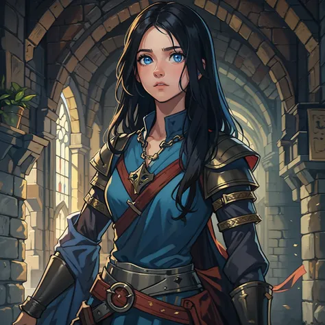 a portrait of a young teenage girl, an elegant princess with blue eyes and black hair, an NPC for a medieval RPG wearing combat costumes, medieval fighting training costumes in a medieval art RPG art, an approximate detail art in a medieval castle, this te...