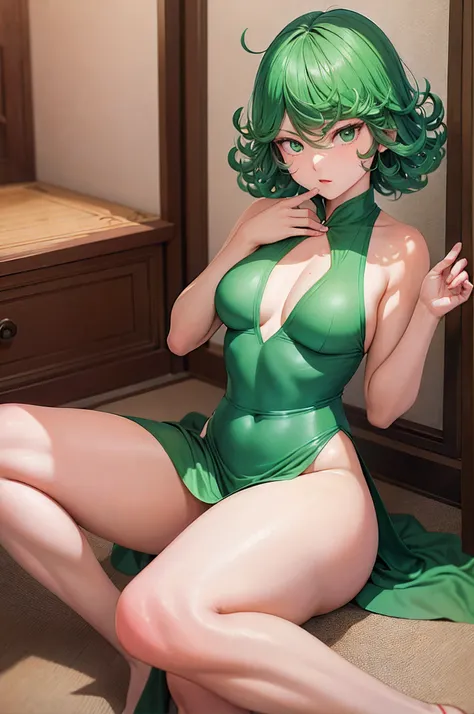 (Masterpiece, Best Quality:1.2), 独奏, 1girl, tatsumaki, unamused, closed mouth, looking a viewer, hand on our face, sitting, She wore Dunhuang flying clothes,big thighs