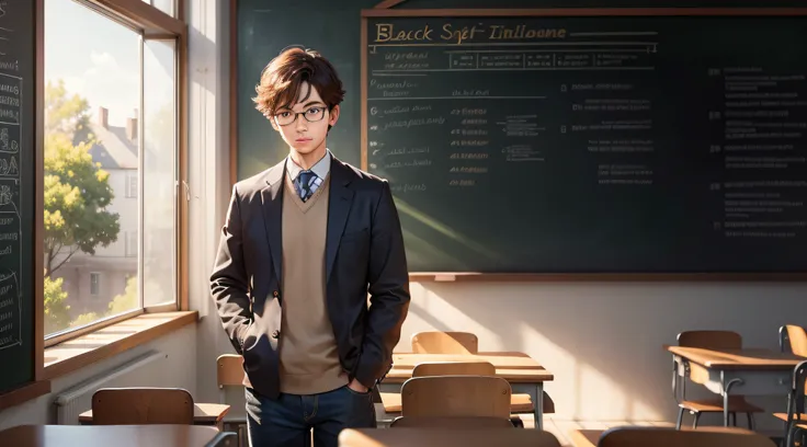 The image depicts a classic classroom setting, with rows of desks and a blackboard in the background. The room is illuminated by a side window that sheds soft light, creating a nostalgic atmosphere.

In the center of the image, a young student is standing ...