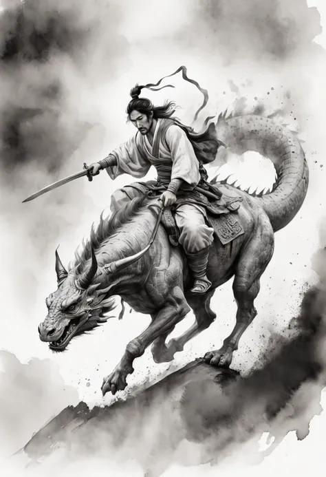 Prince of Persia Game Cards  , Ink painting of Japan ,Riding on the back of a dragon in the sky、Black and white matte watercolor , Sumi-e Art Style , Low Detail , Fade effect , High contrast between black and white , Sharp colors , Face Detail , Ink spot o...