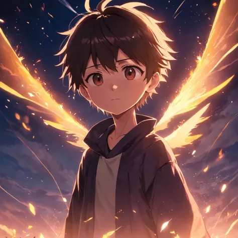 obra-prima, melhor qualidade, filme ainda, 1boy, garota nuvem, floating into the sky, close-up, brilhante, bravo, Soft lighting and Warm, sun sunset, (Sparks: 0,7)