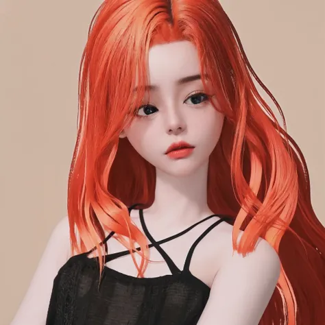 There is a 3D image of a woman with long red hair, inspirado em Sim Sa-jeong, ela tem cabelos longos e redorange, pele laranja e cabelo ardente longo, longos cabelos ruivos brilhantes, flowing ginger hair, ela tem cabelos ruivos, Ela tem longos cabelos cas...