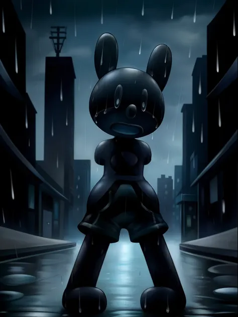 Oswald, armless, missing arms, no arms, black eyes, blue shorts, white polka dots on ears, sad expression, open mouth frown, crying, tears, expressive, dynamic angle, city street background, raindrops, raining, intricate details, masterpiece, colofur