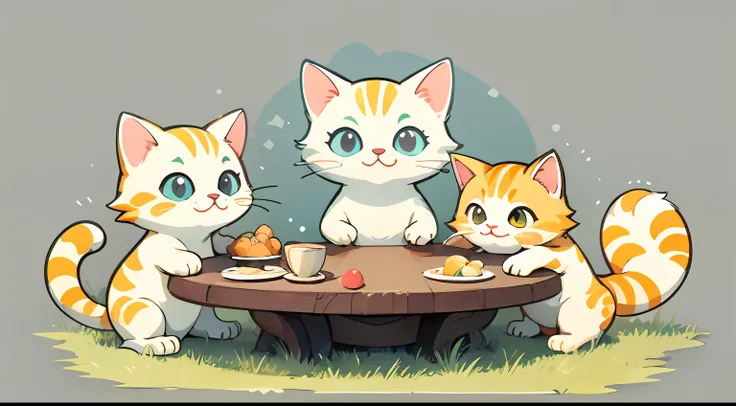 group of cute cats dining on grass, watercolor, simple background, minimal, cute, tiny, pastel color, vector style,